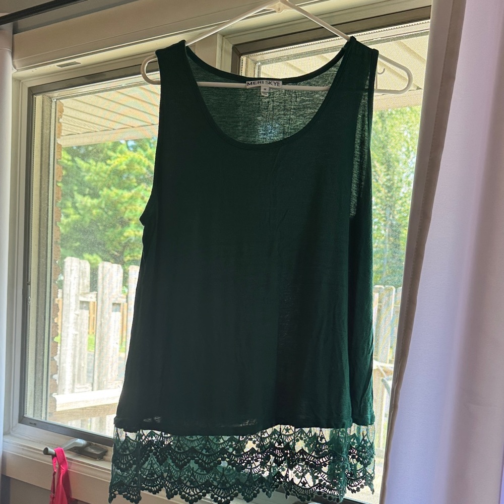 Dark Green Tank Top with Lace Hem